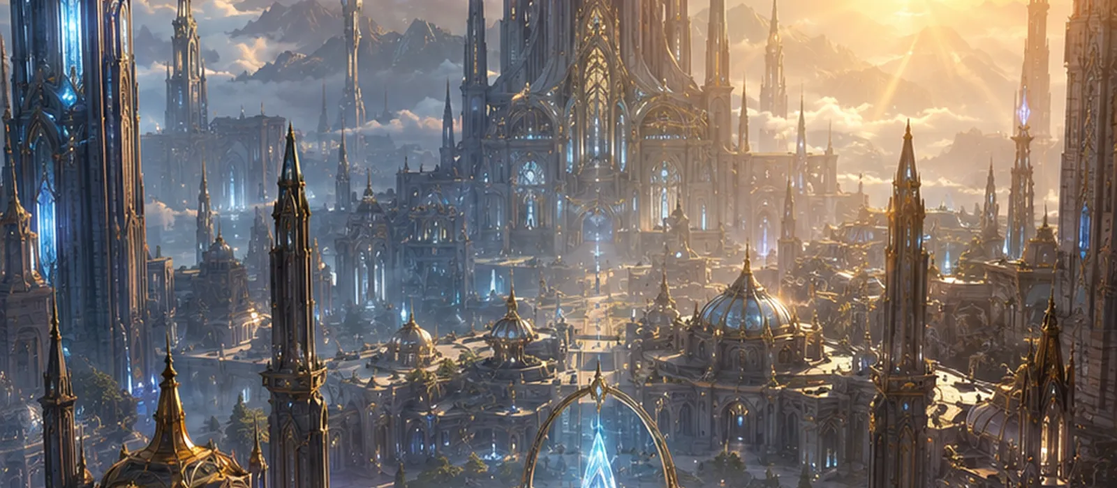 High City at dawn with a luminous civic plaza and tall spires.