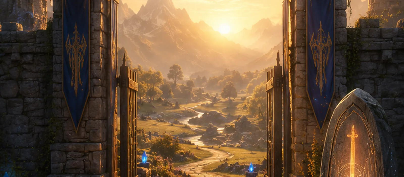 Rookguard gate with a glowing runestone table and an open path.