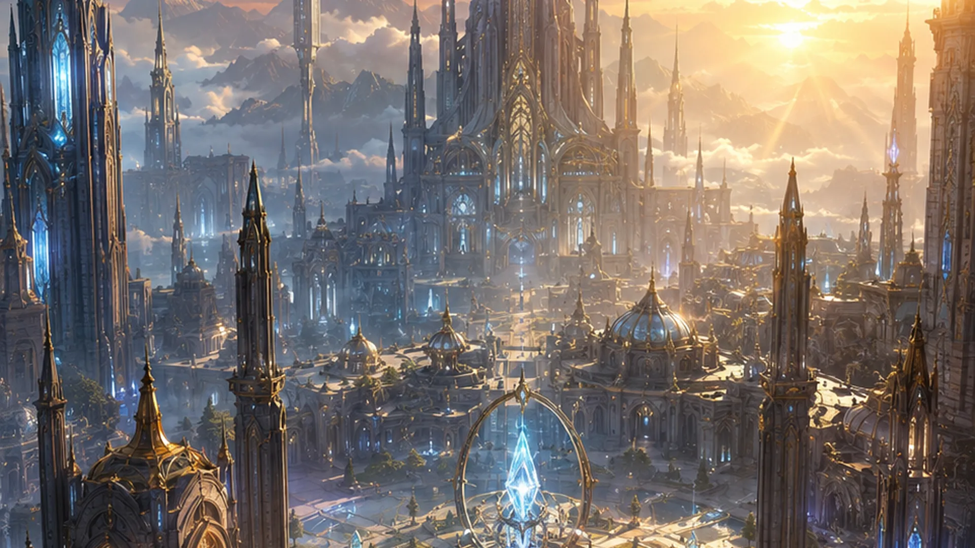 High City at dawn, with a luminous civic plaza and towers rising over Akalynth.