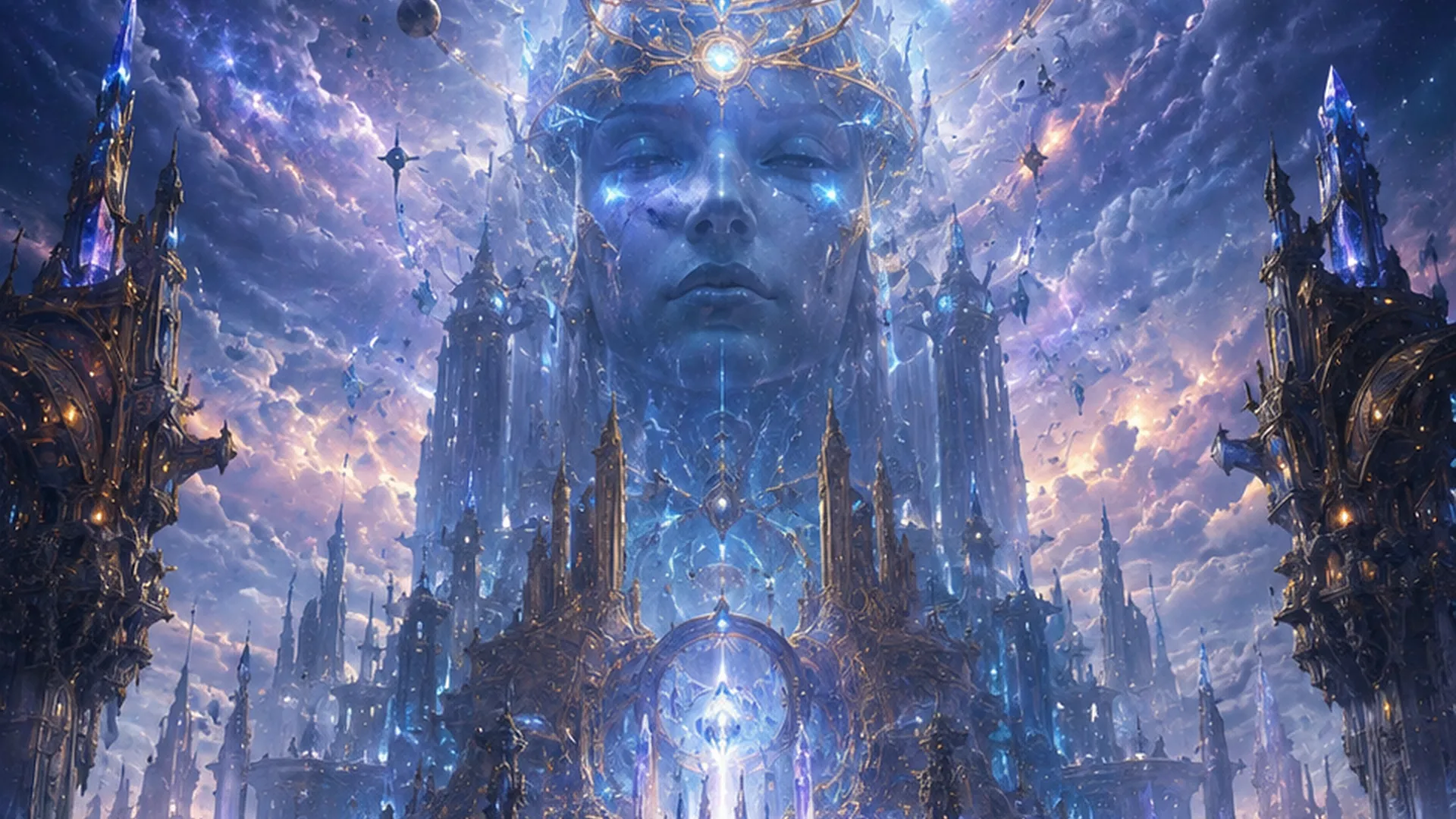 VaultCore Prime beneath cosmic machinery and a vast serene world-mind presence.